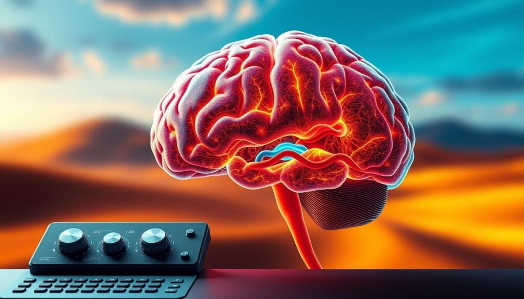 Hormonal Hunger Control: a digital illustration depicting a vivid, realistic representation of the human brain. The foreground showcases a central control panel with intuitive interfaces, dials, and gauges, symbolizing the regulation of hormonal processes that influence appetite and cravings. The middle ground reveals cross-sections of the brain's neural pathways, with vibrant colors and intricate textures, highlighting the complex interplay of neurotransmitters and hormones. The background features a subtly blurred, ethereal landscape, evoking a sense of the subconscious mind's influence on our physiological responses. Soft, directional lighting casts strategic shadows, adding depth and dimension to the composition. The overall mood is one of precision, control, and the harmonious integration of the body's regulatory systems.