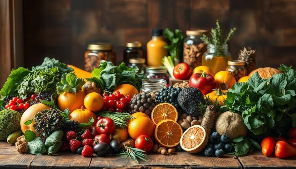 Vibrant, earthy-toned still life showcasing a bountiful array of fresh, whole foods on a rustic wooden table. In the foreground, an assortment of colorful fruits and vegetables, including leafy greens, berries, citrus, and root vegetables, arranged artfully. In the middle ground, jars of honey, nuts, and other nutrient-dense superfoods. Warm, natural lighting from the side casts a soothing glow, highlighting the textures and vibrant hues. The overall composition evokes a sense of nourishment, balance, and tranquility, reflecting the connection between wholesome eating and mental wellbeing.