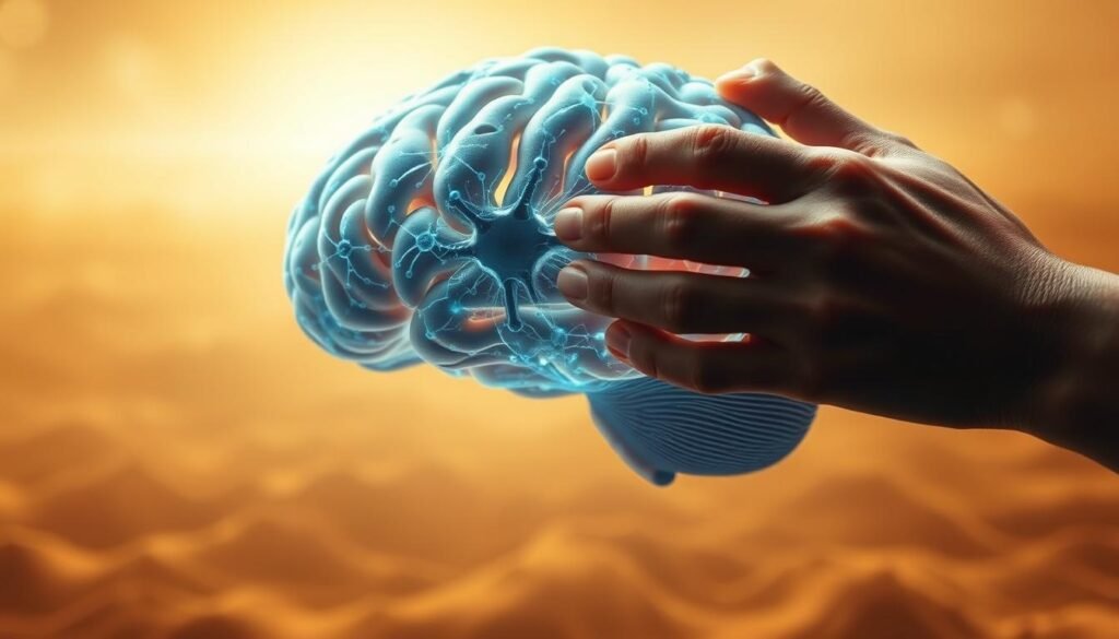 A brain undergoing neuroplastic transformation, with neural pathways visually pulsing and reforming. In the foreground, a person's hands gently molding and sculpting their habits, like clay being reshaped. In the middle ground, a grid of neural connections, weaving and reconfiguring. In the background, a softly glowing, abstract landscape of the subconscious mind. Warm, earthy tones predominate, conveying a sense of growth, change, and introspection. Lit from above with a gentle, natural light, as if illuminated from within. Rendered with a detailed, almost photorealistic style that invites the viewer to ponder the mechanisms of neuroplasticity and habit reprogramming.