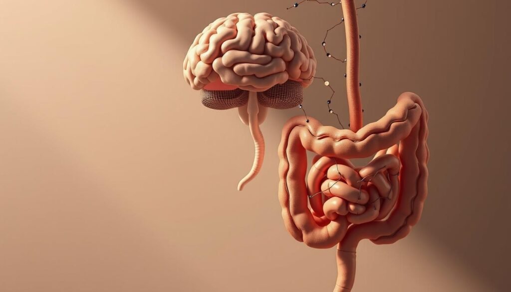 A detailed anatomical illustration depicting the intricate communication between the intestines and the brain, showcasing the "gut-brain axis". Rendered with a scientific, clinical aesthetic using muted, earthy tones. The foreground displays a stylized cross-section of the intestinal tract, highlighting the enteric nervous system and key neurotransmitters. The middle ground features a simplified 3D model of the brain, with neural pathways and signaling molecules connecting the two organs. The background subtly depicts the broader physiological context, such as the circulatory system and relevant endocrine glands. Crisp lighting casts shadows that accentuate the anatomical structures, conveying a sense of depth and tangibility. Realistic, high-detail textures throughout, with an emphasis on biological accuracy over artistic abstraction.