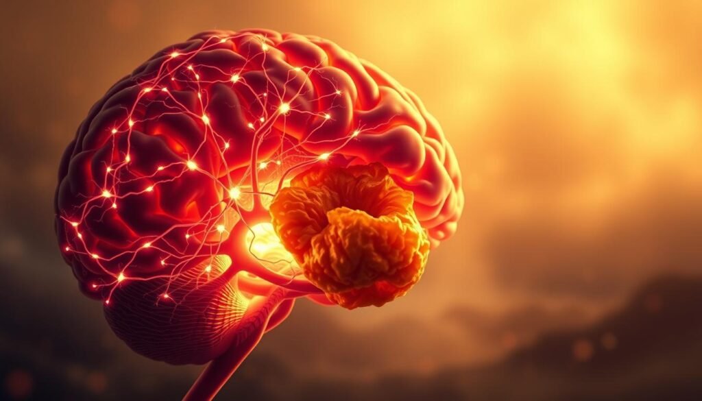 A detailed cross-section of the brain's reward system, illuminated by soft, warm lighting. In the foreground, a vibrant network of neurons and synapses pulsing with activity, representing the neurological mechanisms that drive food cravings and addiction. In the middle ground, a lush, succulent food item, enticing and tempting, casting a hypnotic glow. In the background, a hazy, dreamlike landscape, symbolizing the subconscious and emotional factors that influence our relationship with food. The overall atmosphere conveys the complex, intricate, and powerful interplay between the brain's reward pathways and our propensity for food-related addictions.