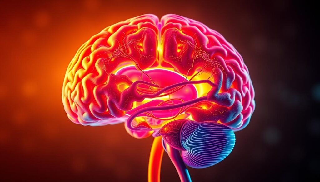 A detailed cross-section of the human brain, illuminating the intricate neural pathways of the reward system and its connection to food addiction. Vibrant colors and intricate details showcase the complex interplay between the prefrontal cortex, limbic system, and striatum that drive cravings, impulse control, and compulsive eating behaviors. The scene is bathed in a warm, contemplative lighting that emphasizes the scientific and clinical nature of the subject matter, inviting the viewer to delve deeper into the neuroscience behind weight loss and food addiction.