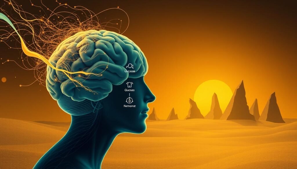 A detailed digital illustration depicting the critical aspects and limitations of intermittent fasting on brain metabolism and hunger regulation. In the foreground, a human brain in a contemplative pose, surrounded by a swirling mist of neural pathways and energy fields. In the middle ground, a series of stylized icons representing key metabolic processes, such as glucose levels, hormone regulation, and neurotransmitter balance. In the background, a stark, minimalist landscape of geometric "riscos" (cliffs or rocky outcroppings), symbolizing the potential challenges and pitfalls of this dietary approach. The scene is illuminated by a warm, ambient light, evoking a sense of introspection and scientific inquiry.