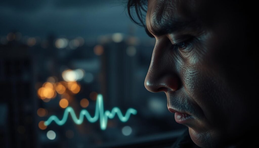 A detailed image of the effects of sleep deprivation on metabolism. A close-up view of a person's face, showing signs of fatigue and strain. In the middle ground, a glowing energy graph depicting the disruption to metabolic processes. In the background, a blurred cityscape with artificial lights, symbolizing the modern lifestyle that can contribute to sleep issues. Soft, moody lighting casts dramatic shadows, enhancing the sense of exhaustion. The overall tone is somber and contemplative, reflecting the serious consequences of inadequate sleep on physical and mental health. A detailed image of the effects of sleep deprivation on metabolism. A close-up view of a person's face, showing signs of fatigue and strain. In the middle ground, a glowing energy graph depicting the disruption to metabolic processes. In the background, a blurred cityscape with artificial lights, symbolizing the modern lifestyle that can contribute to sleep issues. Soft, moody lighting casts dramatic shadows, enhancing the sense of exhaustion. The overall tone is somber and contemplative, reflecting the serious consequences of inadequate sleep on physical and mental health.