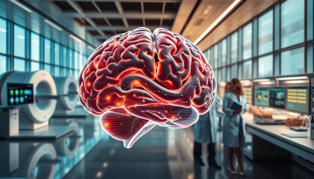A high-resolution, photorealistic image of the latest research and advancements in the neuroscience of weight loss. The foreground depicts a detailed cross-section of the human brain, with various regions highlighted and annotated, showcasing the complex neurological mechanisms involved in appetite regulation, metabolism, and cognitive processes related to weight management. The middle ground features scientific equipment, such as MRI scanners and data visualization screens, surrounded by researchers in lab coats, deep in discussion. The background presents a sleek, modern research facility, with clean lines, large windows, and state-of-the-art technology. The lighting is a combination of natural daylight and subtle, warm artificial illumination, creating a sense of scientific progress and discovery. The overall mood is one of excitement, innovation, and the pursuit of knowledge to unlock the secrets of the brain and its role in weight loss.