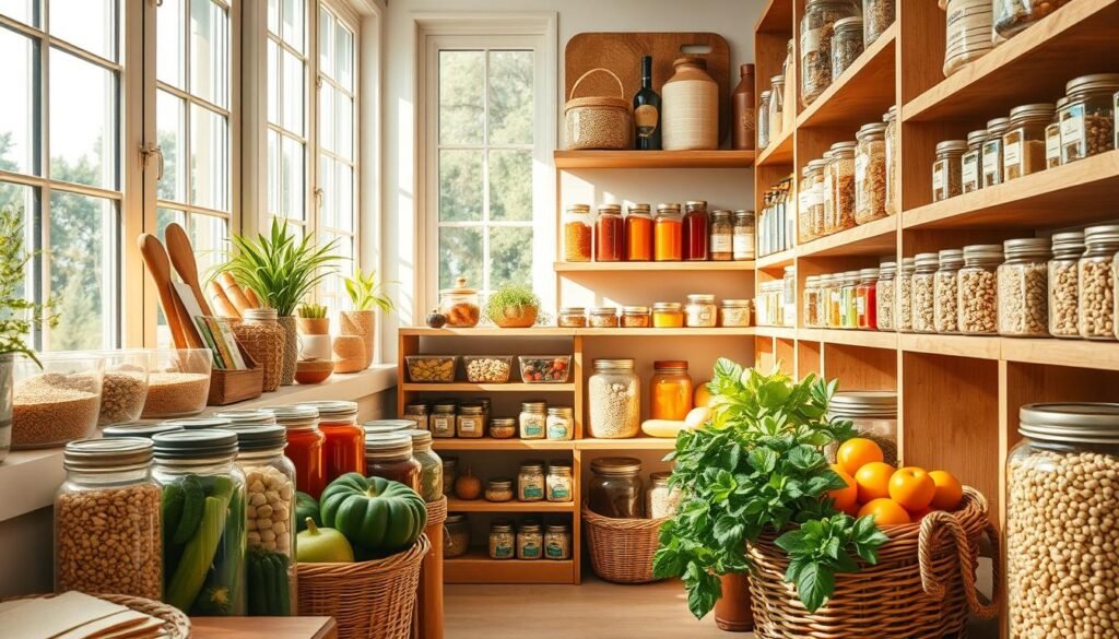 A neatly organized pantry with a range of healthy, wholesome ingredients. Wooden shelves line the walls, filled with an array of grains, legumes, spices, and jars of homemade preserves. Bright natural light filters through large windows, casting a warm glow over the scene. Glass containers and wicker baskets hold fresh produce, their vibrant colors adding pops of life. The overall atmosphere is one of calm, order, and wellness, inspiring a sense of mindfulness and control over one's dietary choices.