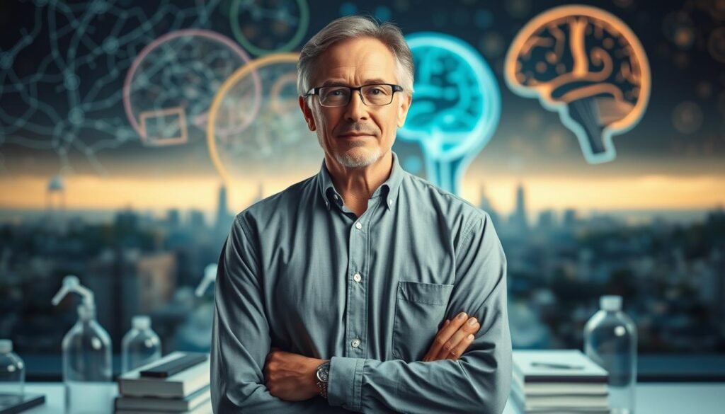 A portrait of Dr. Jô Furlan, a renowned neuroscientist and nutritionist, standing in a thoughtful pose against a backdrop of neuron pathways and brain scans. Soft natural lighting illuminates his face, conveying a sense of intellectual depth and dedication to his field. The composition features a middle ground of laboratory equipment and books, hinting at his extensive research and expertise. In the background, a blurred cityscape symbolizes the real-world impact of his work on cerebral health and weight management. The overall atmosphere is one of quiet contemplation, reflecting the gravity and importance of Dr. Furlan's contributions to the intersection of neuroscience and nutrition.