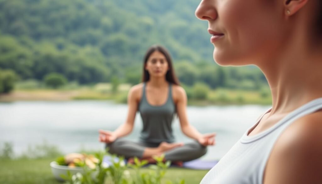 A serene and tranquil scene depicting the management of stress in the context of weight loss. In the foreground, a person engages in deep breathing or meditation, their expression one of calm and focus. The middle ground showcases healthy lifestyle choices, such as a balanced meal or a yoga pose. In the background, a lush, verdant landscape with a soothing body of water reflects the sense of balance and inner peace. Soft, diffused lighting creates a warm, nurturing atmosphere, emphasizing the holistic approach to addressing stress and its impact on weight management. The overall composition conveys the importance of mental well-being and its profound influence on physical transformation.