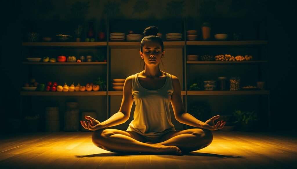 A serene, dimly lit interior with a person sitting cross-legged on the floor, deep in meditation. Soft, warm lighting illuminates their face, creating a contemplative atmosphere. The background features shelves filled with healthy, natural foods - fruits, vegetables, grains, and herbs. Subtle patterns and textures on the walls suggest a sense of mindfulness and introspection. The pose and setting evoke a feeling of mental clarity, focus, and a conscious approach to nourishing the body and mind.