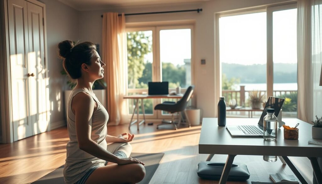 A serene home interior, bathed in warm, natural lighting. In the foreground, a person meditating on a yoga mat, their eyes closed, embodying a sense of calm and mindfulness. The middle ground showcases a well-organized workspace, with a laptop, healthy snacks, and a water bottle, symbolizing productive and intentional daily routines. In the background, a large window overlooks a tranquil outdoor scene, with lush greenery and a serene body of water, evoking a connection to nature and a balanced lifestyle. The overall atmosphere conveys a harmonious blend of mental, physical, and environmental elements that support sustainable wellness and personal transformation.