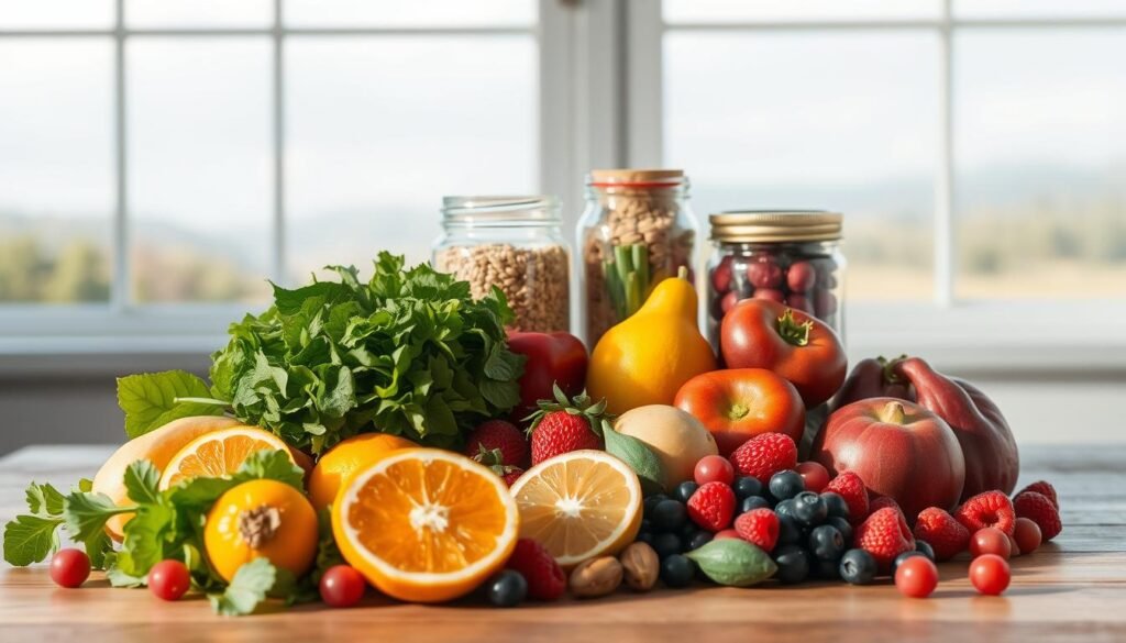 A serene, minimalist still life in soft natural lighting, focused on a selection of healthy, colorful whole foods arranged neatly on a wooden table. In the foreground, a variety of fresh fruits and vegetables - crisp leafy greens, juicy citrus, ripe berries. In the middle ground, glass jars containing wholesome grains, nuts, and seeds. The background features a tranquil, out-of-focus landscape through a large window, conveying a sense of peacefulness and balance. The overall mood is one of simplicity, wellness, and attainable steps towards overcoming unhealthy eating habits.