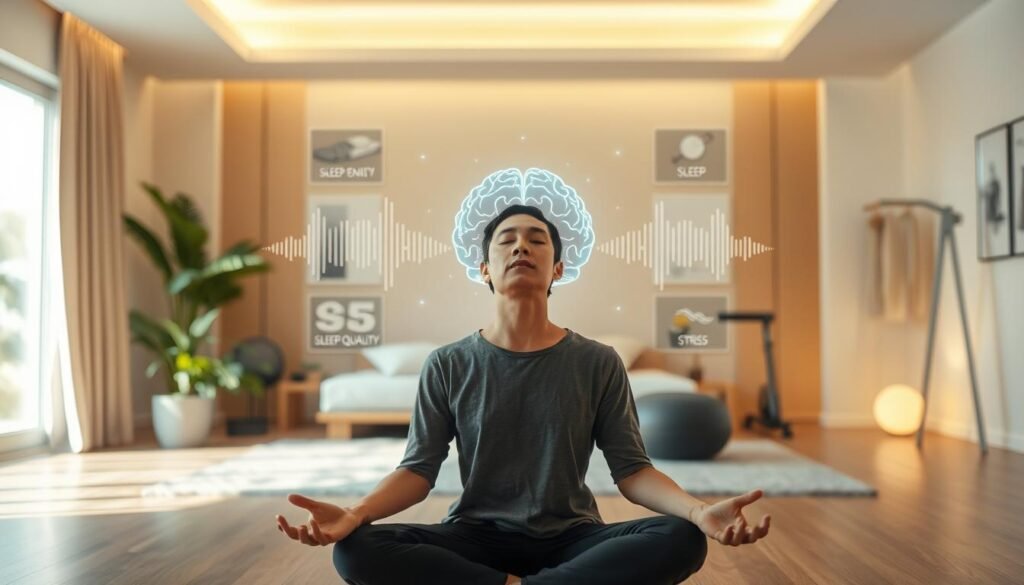 A serene, well-lit indoor scene depicting the interplay of stress, sleep, and physical exercise. In the foreground, a person sits in a meditative pose, eyes closed, with a serene expression. Behind them, a visualization of brain activity, represented by soft, pulsing lights, showcases the impact of these factors. In the middle ground, depictions of sleep quality and physical workout equipment convey the importance of these elements. The background features a calming, minimalist interior design with natural elements, conveying a sense of balance and wellness. Soft, warm lighting illuminates the scene, creating an atmosphere of tranquility and mindfulness.