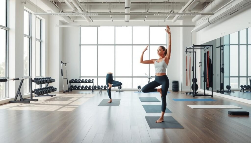 A tranquil, well-lit gym interior with sleek, modern exercise equipment. In the foreground, a person performing a series of focused, mindful exercises - stretching, balancing poses, and light calisthenics. Their movements are graceful and deliberate, evoking a sense of mental clarity and brain stimulation. The middle ground features an array of free weights, resistance bands, and yoga mats, suggesting a versatile, multi-purpose training space. The background showcases large windows letting in natural light, creating a serene, airy atmosphere conducive to cognitive enhancement. The overall scene conveys a harmonious blend of physical and mental wellness, where exercise catalyzes optimal brain function.