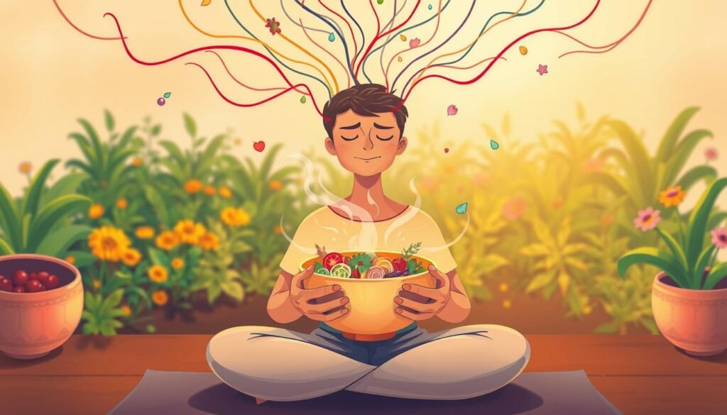 A vibrant and emotive illustration depicting the interconnection between emotions and nourishment. In the foreground, a person sits cross-legged, eyes closed, hands cupping a steaming bowl of freshly prepared, wholesome fare. Surrounding them, wispy tendrils of color and energy radiate outward, representing the interplay of mood, mindset, and the act of eating. In the middle ground, a verdant garden bursts with life, hinting at the restorative powers of mindful consumption. The background features a serene, softly-lit environment, conveying a sense of tranquility and inner harmony. Warm, diffused lighting casts a gentle glow, enhancing the introspective and contemplative atmosphere. The scene captures the essence of how our emotional state can profoundly shape our relationship with food, and how nourishing both body and mind can lead to sustainable transformation. Prompt
