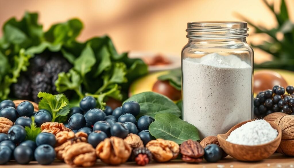 A vibrant still life composition depicting essential nutrients for brain health. In the foreground, an assortment of whole foods including blueberries, walnuts, avocado, and leafy greens. In the middle ground, a glass jar filled with a brain-boosting supplement powder. The background features a warm, natural lighting setting, with soft shadows and a hint of greenery. The overall mood is one of nourishment, vitality, and mindfulness, inspiring the viewer to consider the importance of a brain-healthy diet and supplementation.