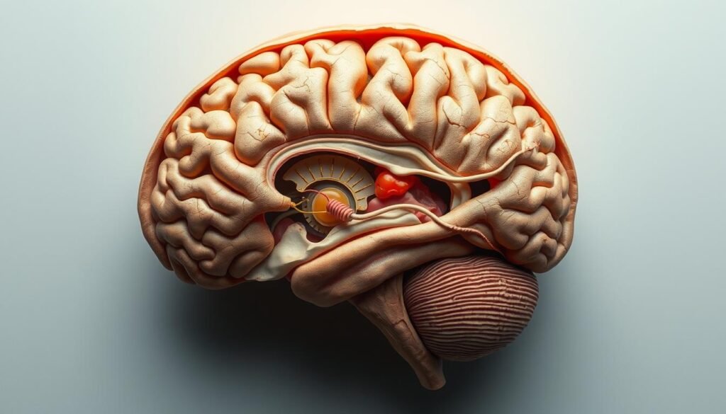 Detailed and intricate cross-section of the human brain, showcasing the complex neural mechanisms regulating appetite and metabolism. Crisp, high-resolution rendering, with a focus on the hypothalamus, amygdala, and limbic system. Precise anatomical structures, neurotransmitters, and chemical pathways involved in appetite control and energy homeostasis. Soft, muted lighting casts dramatic shadows, highlighting the intricate web of neuronal connections. A sense of scientific curiosity and awe at the brain's remarkable self-regulating capabilities. Minimal distractions, allowing the viewer to immerse themselves in the subject matter.