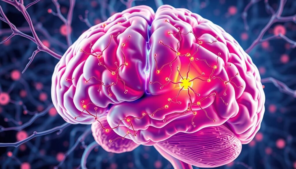 Detailed illustration of the brain's reward and satiety circuits, showcasing their interconnected neural pathways. A vibrant, three-dimensional composition capturing the intricate network of synapses, neurotransmitters, and feedback loops that govern our sense of pleasure and fulfillment. Rendered in a clean, semi-realistic style with a focus on visual clarity, the image should convey the complexity and dynamism of these crucial brain mechanisms. Optimized lighting and camera angles highlight the depth and interconnectivity of the structures, creating a captivating and informative visualization suitable for an article on weight loss and brain health.
