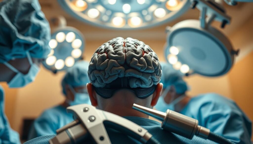 Detailed neurosurgical procedure for treating obesity, showcasing intricate brain surgery in a bright, well-lit operating theater. Precise incisions expose the cerebral cortex as the surgical team focuses intently, leveraging advanced medical equipment. Warm, sterile atmosphere with glowing overhead lights and a sense of clinical professionalism. Streamlined, state-of-the-art surgical tools in the foreground, while the patient's head is carefully positioned for the delicate operation. Convey a sense of innovation, expertise, and the cutting edge of medical technology tackling complex health challenges.