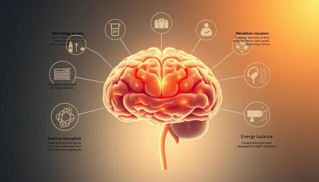 A detailed illustration of the neurological mechanisms behind body weight regulation. A human brain in the foreground, with neural pathways and connections highlighted, surrounded by icons and imagery representing factors that influence appetite, metabolism, and energy balance. The background features a minimalist, scientific aesthetic with subtle gradients and geometric shapes. Bright, warm lighting casts a contemplative mood, emphasizing the complexity and importance of the subject matter. Precise, technical rendering with a clean, high-resolution look. A detailed illustration of the neurological mechanisms behind body weight regulation. A human brain in the foreground, with neural pathways and connections highlighted, surrounded by icons and imagery representing factors that influence appetite, metabolism, and energy balance. The background features a minimalist, scientific aesthetic with subtle gradients and geometric shapes. Bright, warm lighting casts a contemplative mood, emphasizing the complexity and importance of the subject matter. Precise, technical rendering with a clean, high-resolution look.
